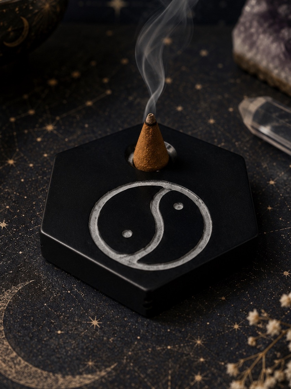 Yin Yang Cone Incense Holder Black Hexagon Ceramic Burner Decor